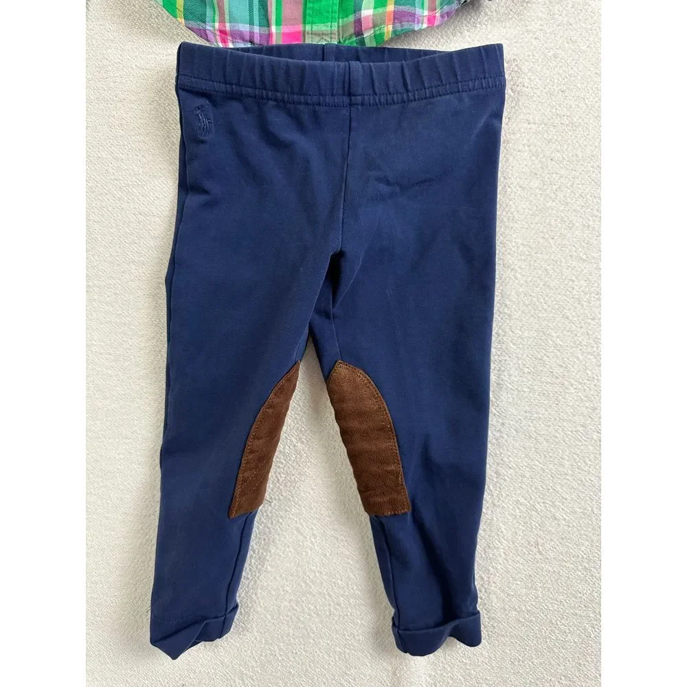 Ralph Lauren Matching Set Girls 2T Plaid Shirt‎ & Navy Jodhpur Pants